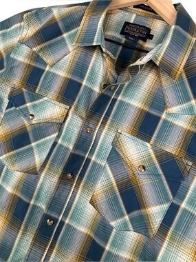 Pendleton Shirt Mens Large Green Blue Plaid Frontier Pearl Snap Western Cowboy